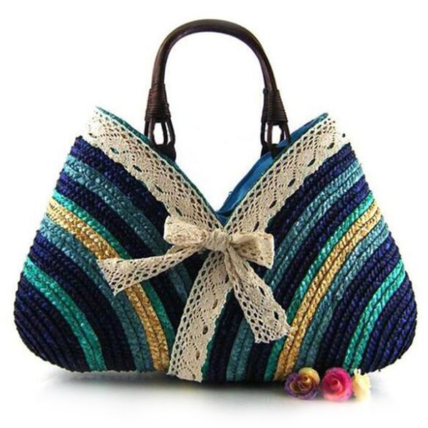 

casual fashion bow rainbow stripes lace bow bag new straw bag