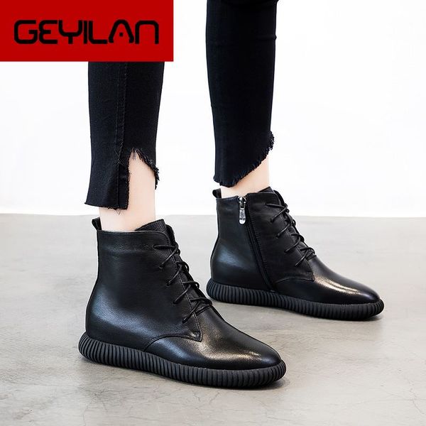 

fashion winter shoe boots genuine leather ankle shoes vintage casual shoes warm velvet retro handmade women boot, Black