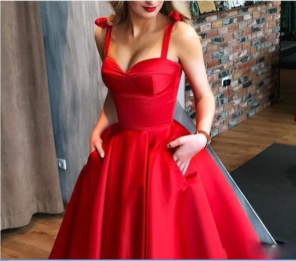

gorgeous red prom dresses tea length sweetheart neck straps a line party dress zipper satin homecoming dress robes de soirÃ©e