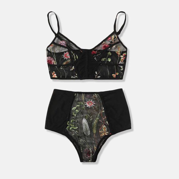 

v-neck women fashion bra underwear set floral embroidered push up lace lingerie set black crop and panties dropship, Red;black