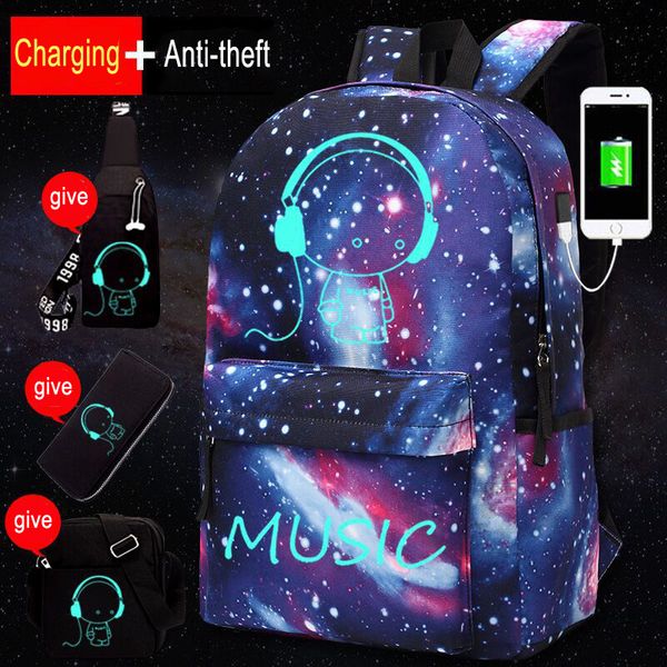 

2018 anti-thief bags nightlight music little man backpack 3d printing starry sky school bags for girls for teenagers boys