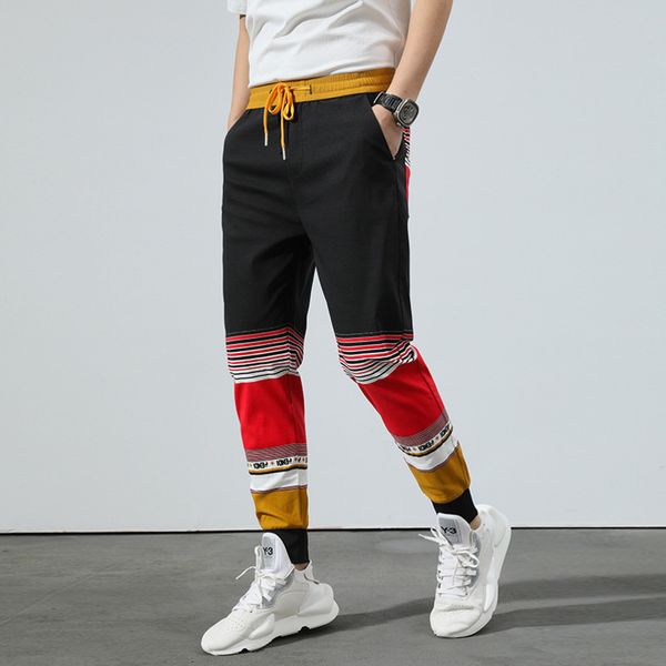 

mens designer stitching brand casual loose leg-tied radish waist drawstring harlan pants tidew5au, Black