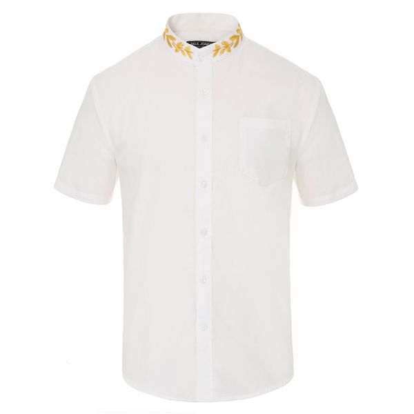 

men summer shirts fashion vintage stand collar shirt short sleeve embroidery decorated curved hem cocktail party shirt, White;black