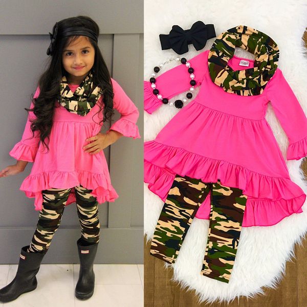 

pudcoco girl suits 1y-6y new camo kids baby girls outfit clothes t-shirt dress +long pants 3pcs set, White