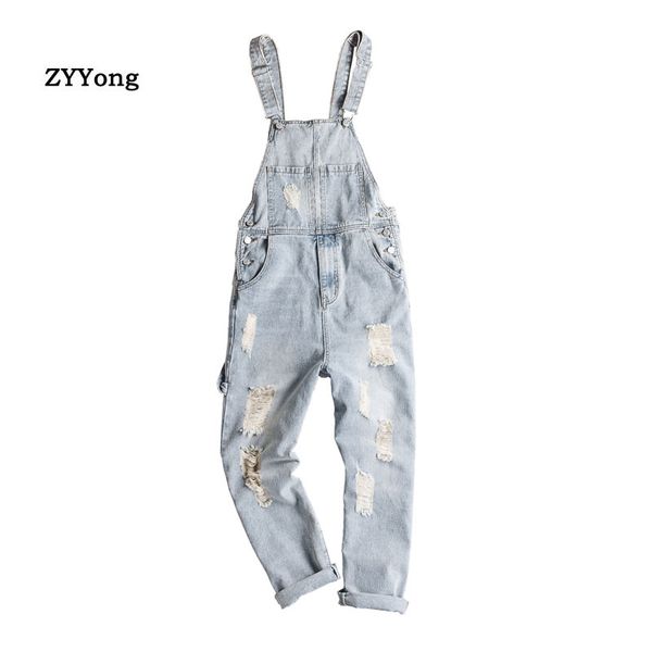 

light blue hole overalls men denim jumpsuit ripped tattered jeans bib cotton hip hop big pocket cargo pants trousers clothing