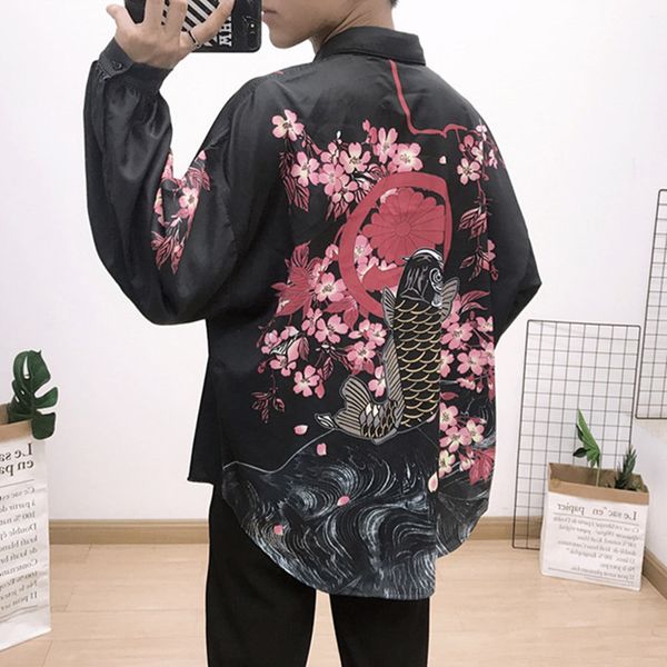 

seestern brand clothing men's shirts new printed carp flower fashion youth nightclub long sleeve classic, White;black