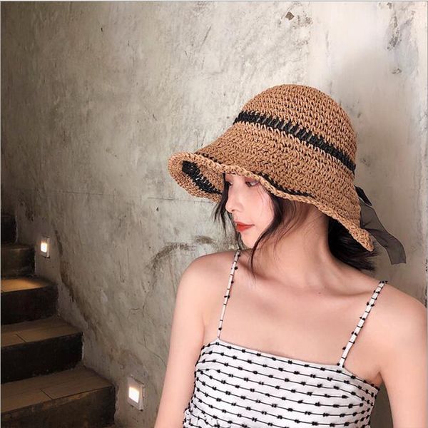 

ploermin women summer hats sun beach panama straw hat wide brim elegant yarn bow sun hat leisure foldable holiday cap visors, Blue;gray