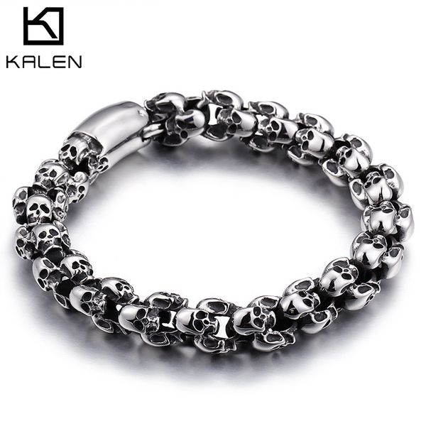

kalen punk 22.5cm long skull bracelets for men stainless steel shiny skull charm link chain brecelets male gothic jewelry 2019, Golden;silver