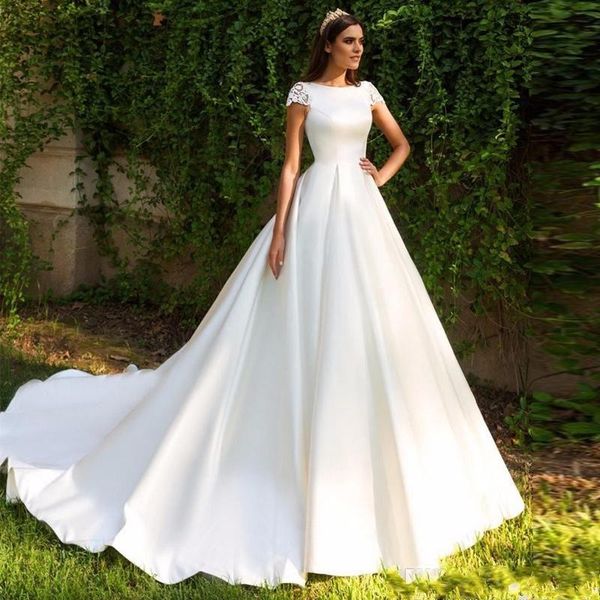 

2020 new elegant lace appliqued a-line satin wedding dress bateau sheer back cap sleeves plus size bridal gown