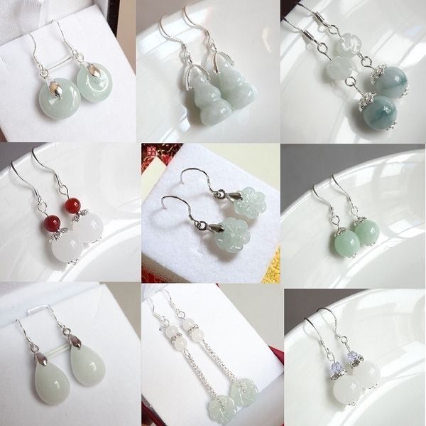 

diy natural emerald beads jade earrings charm jadeite jewellery fashion accessories hand-carved luck amulet gifts for her woman, Golden;silver