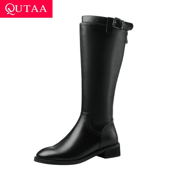 

qutaa platform knee high boots new autumn winter zipper pu+leather pointed toe square high heel women shoes size 34-39, Black