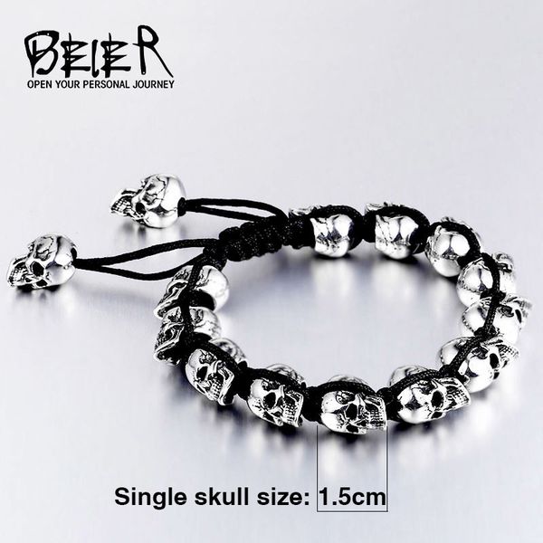 

beier new store 316l stainless steel hand-woven skull bracelet pop rock punk men's bracelet jewelry llbc8-055c, Golden;silver