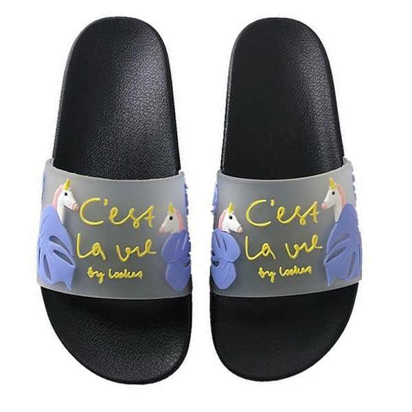 

summer slides cartoon women slippers unicorn cute beach home slippers slip on slide sandals shoes bothe flip flops women shoes, Black