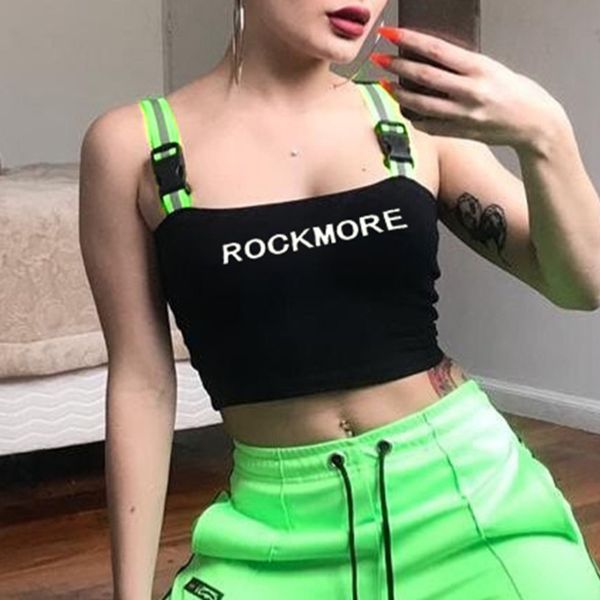 

women buckle shoulder straps crop neon green fashion vest fashion summer ladies reflective letter tank bralette, White