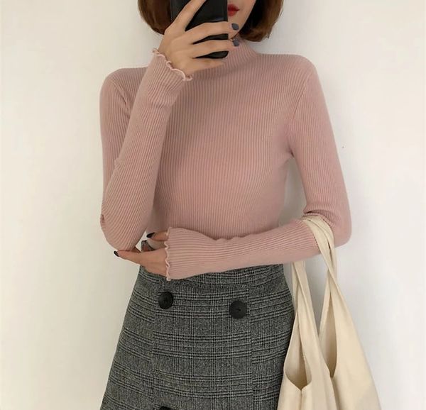 

fashion- ruched women sweater high elastic solid 2019 fall winter fashion sweater women slim knitted pullovers pink white, White;black