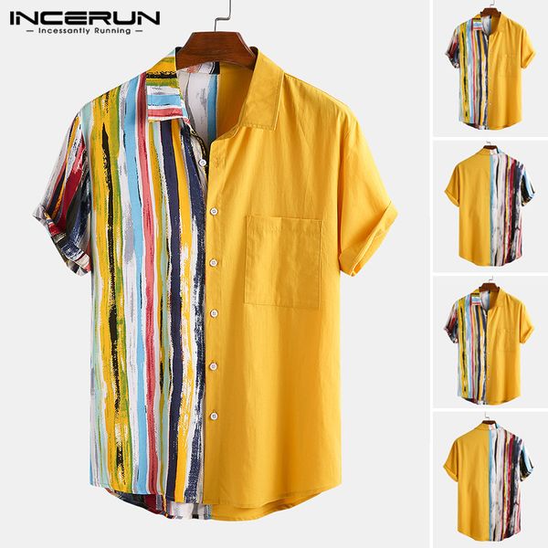

men's casual shirts incerun men summer striped printed fashion patchwork blusas man short sleeve lapel blouse loose breathable camisa, White;black