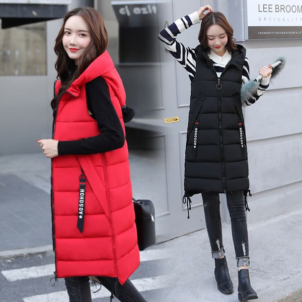 

2019women winter long cotton coat vest hooded female sleeveless cotton padded jacket parkas lady slim thick vest waistcoat cc50, Black;white
