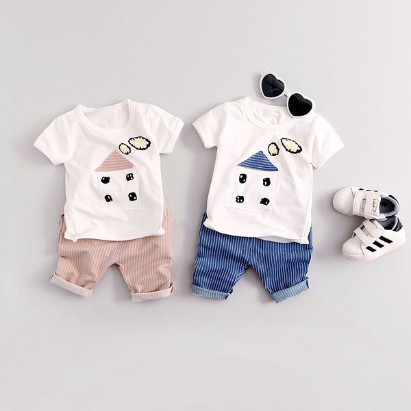 

summer baby boys short sleeve cartoon house t-shirt + striped shorts two pieces suits casual tracksuits kids clothing sets, White