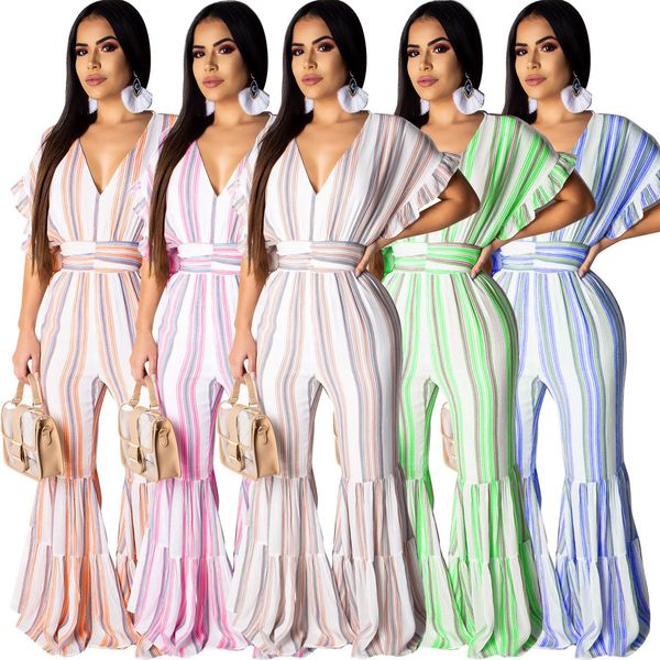 

2019 summer european fashion temperament women's striped print large swing sleeve striped jumpsuit, support mixed batch, Black;white