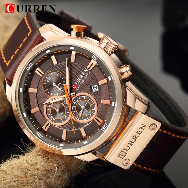 

curren men sport wrist watches 2019 fashion waterproof chronograph calendar genuine leather male clock, Slivery;brown