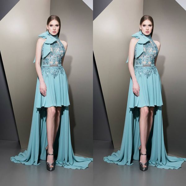 

ziad nakad 2019 hi-lo evening dresses lace appliques sleeveless satin prom gowns high neck with bow sweep train luxurious a line party dress, Black;red