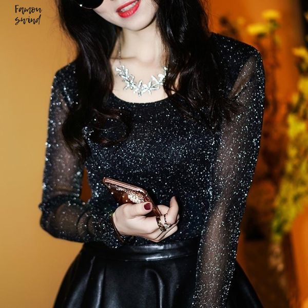 

summer blouse womens see transparent mesh long sleeve through shining elegant shirt women and blouse blusas, White