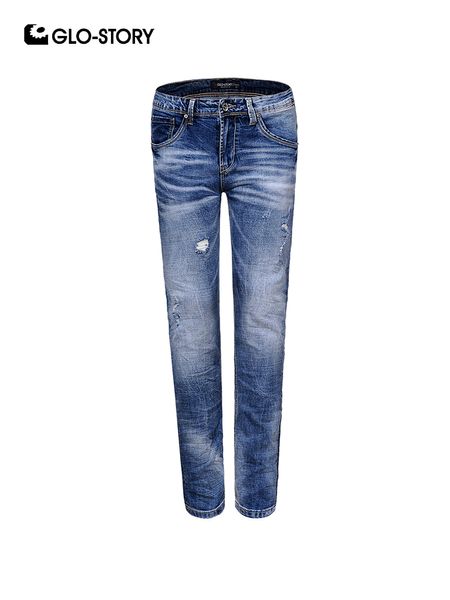 

glo-story men's hip hop streetwear fashion jeans men full length slim fit distressed ripped skinny denim pencil pants mnk-8208, Blue