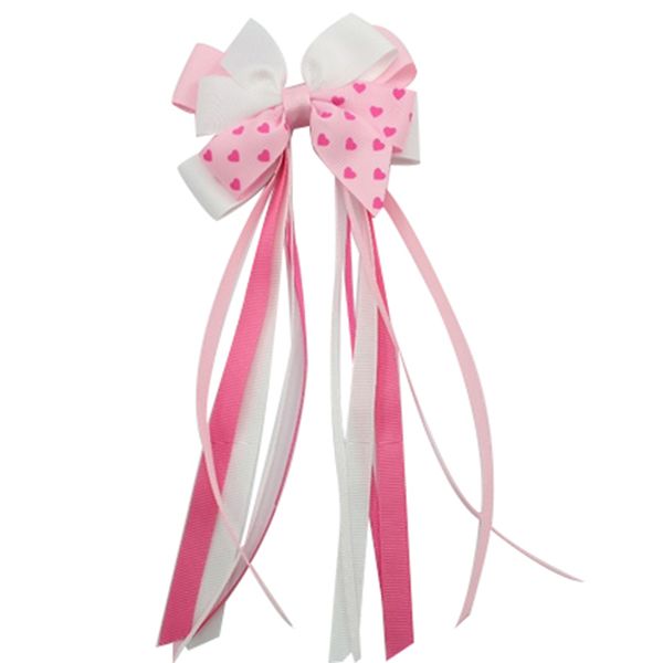 

4" fashion beautiful valentine hair bow ponytail streamers heart print ribbon hair bow clip, Slivery;white