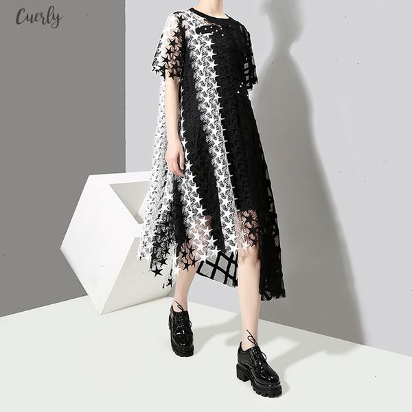 

2020 women summer long black white lace dress hollow out girls evening night club asymmetrical dress robe femme 3517, Black;gray