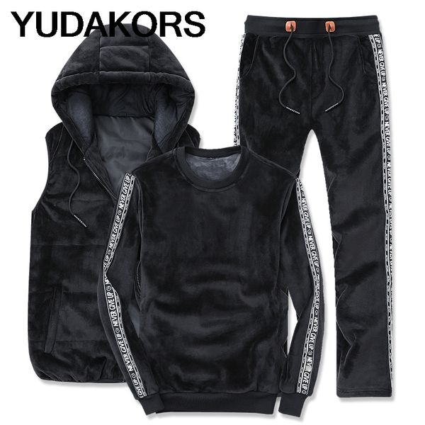 

men clothes autumn winter 3 piece set men sportswear tracksuit + pant + hooded vest gold velvet male sporting suit m-4xl yd147, Black;blue