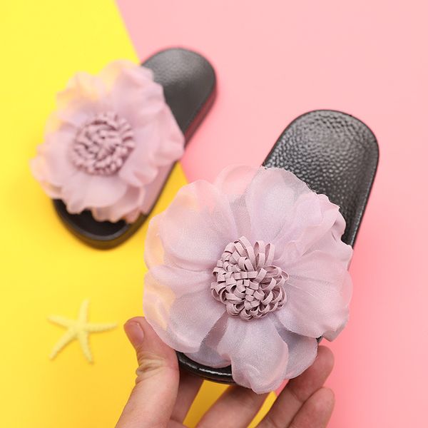 

2019 girls lovely flower slippers, kids anti-slip household & outside summer footwear with soft bottom, pink, purple yellow grey, Black;grey