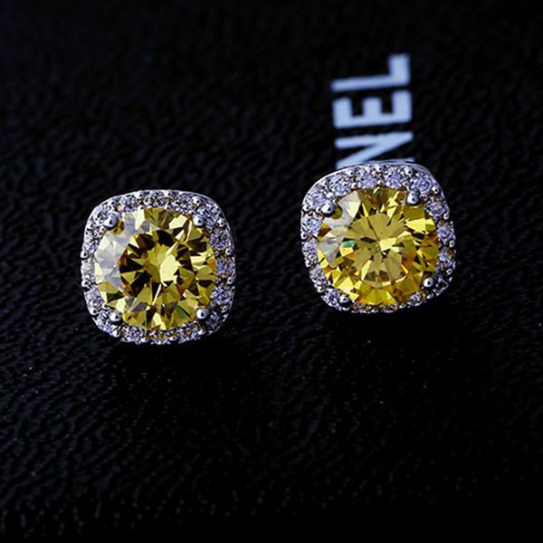 

sterling silver 925 stud earrings for women fine jewelry citrine fireworks cut square blue wedding engagement party gift, Golden;silver