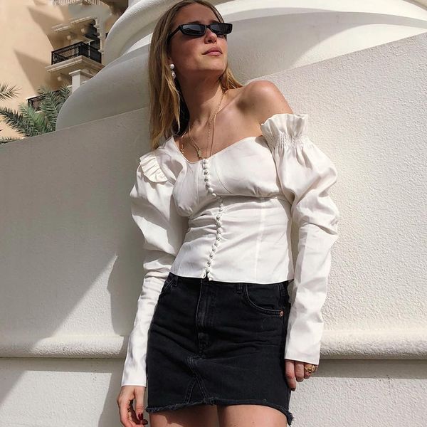 

женщины блуза дизайнер топы женщина асимметричного puff с длинным рукавом рябить туники блуза белой рубашке 2019 весна лето моды, White