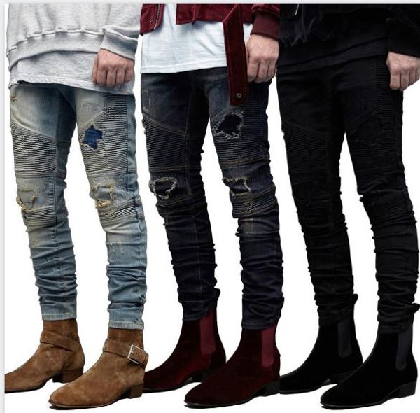 

мужские дизайнерские джинсы повседневный ripped драпированных дырки карандаш брюки мода хип-хоп стиль jeans мужская одежда, Blue