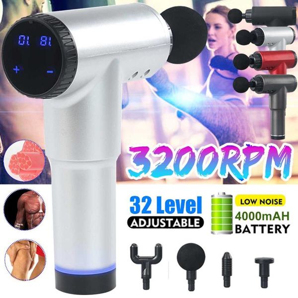 

3200r/min 3 gears lcd muscle massage gun sport therapy massager body relaxation pain relief slimming shaping massager 4 heads