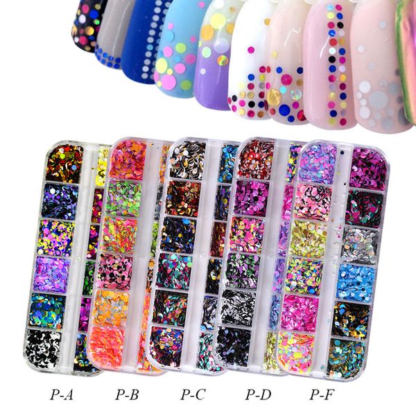 

1 set 12 grid nail sequins mixed 3d glitter round diy flake nail art decor tool new fashion girl women t6, Black