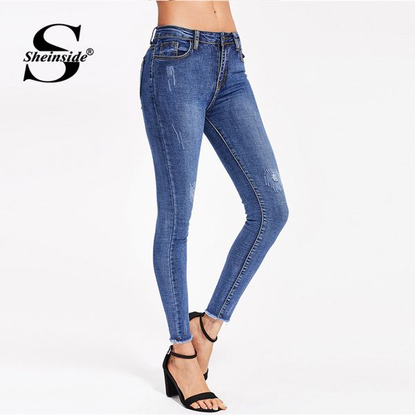 

sheinside destroyed bleach wash frayed hem jeans 2018 summer button zipper pants women blue skinny casual crop pants