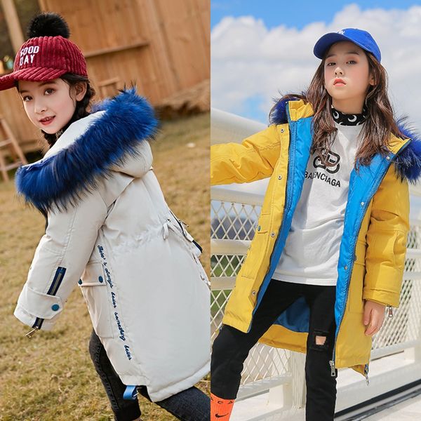 

down jacket girls midi 2019 wear parent-child coat large thickened fur down jacket children's children's coat collar, Blue;gray