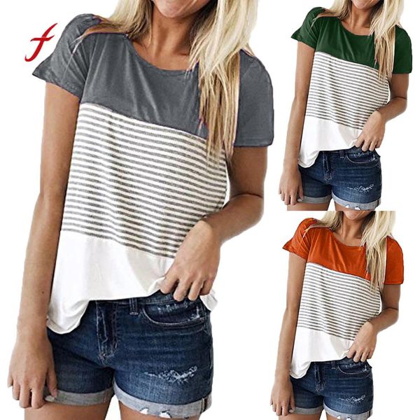 

women's t-shirt women short sleeve triple hit color block stripe splice patckwrok plus size casual female girls large clothes, White