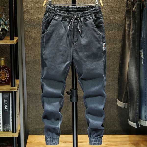 

loose jeans men 2019 summer thin breathable drawstring mid waist ankle length harem pants men casual big pocket pencil pants, Blue