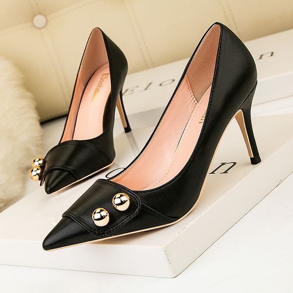 

plus size 34-41 black pu leather women thin high heels party shoes pointed toe heels women pumps gold rivet high