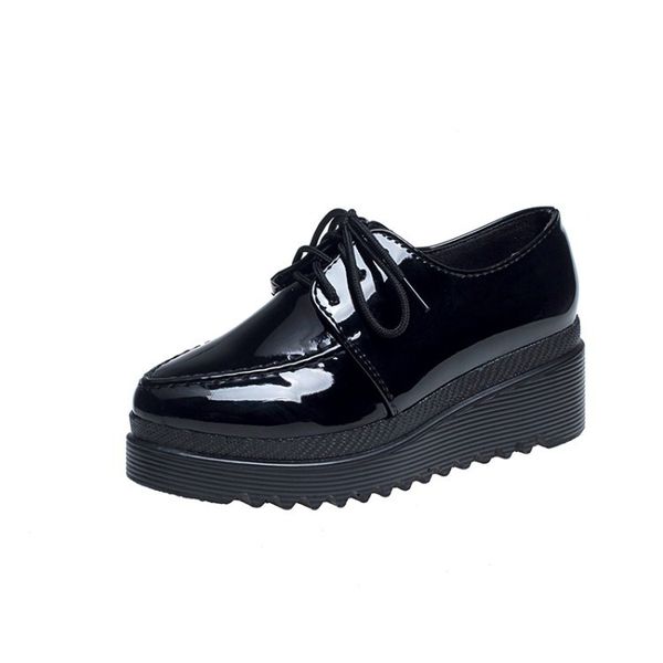 

spring women flat platform shoes brogue patent leather lace up flat oxfords shoes female casual creepers 2020, Black