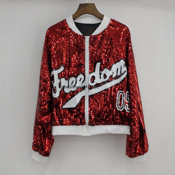 

shiny women sequin bomber jacket loose oversized long sleeve zip up short logo sequined coat stage club festival costumes, Black;brown