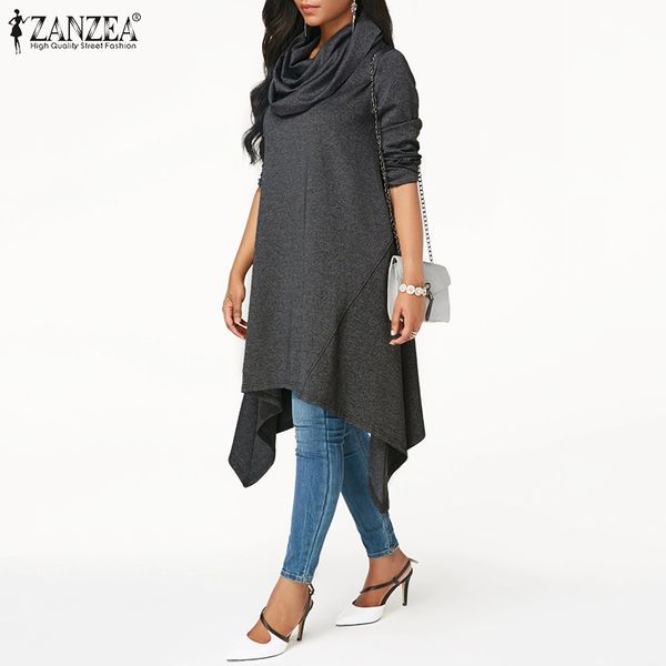 

women sweatshirt zanzea 2019 autumn winter turtleneck hoodies sweatshirts long sudadera mujer asymmetric hoodie pockets pullover, Black