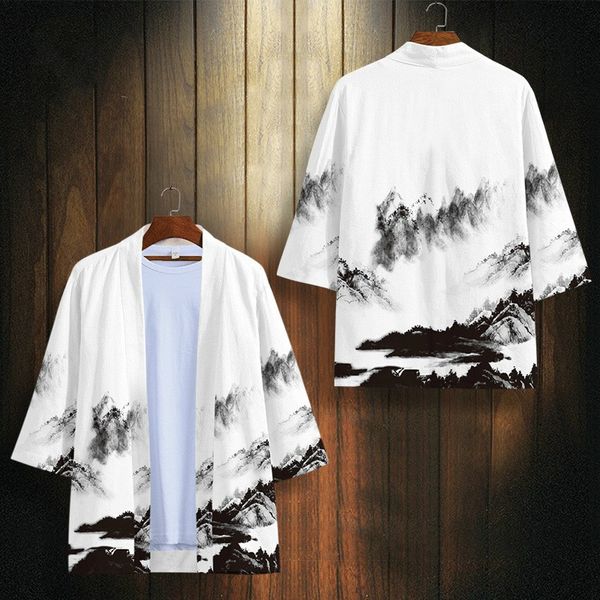 

new men kimono jacket large size japanese samurai clothing china landscape painting cardigan male loose streetwear shirt, White;black