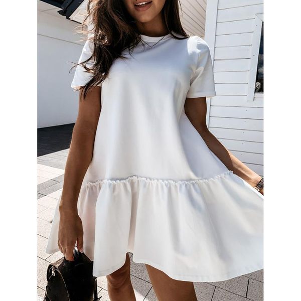 

casual dresses women summer loose ruffle dress short sleeve pure color shorts clothes sweet ruched ladies youth girl, Black;gray