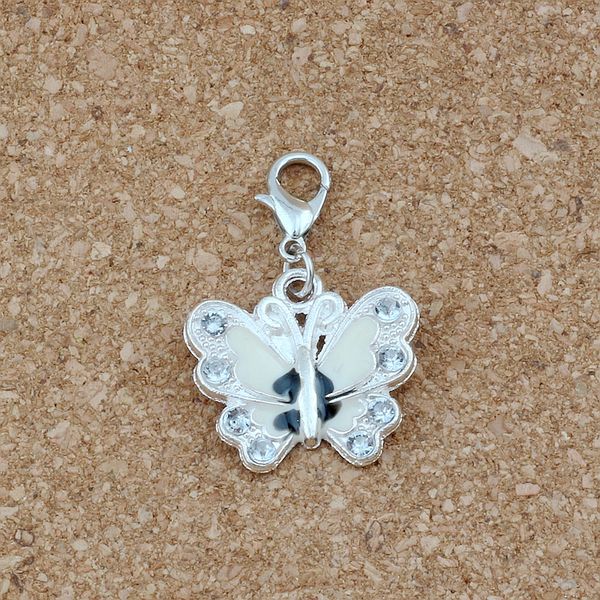 

50pcs white rhinestone enamel butterfly floating lobster clasps charm beads fit charm bracelet diy jewelry 22x34mm a-510b, Bronze;silver