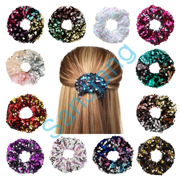 

women girls mermaid sequins glitters scrunchy reversible flip sequined scrunchies hairbands shining rope ponytail tie hair holders giftd3905, Slivery;white