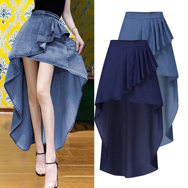 

fashion asymmetrical skirts women's denim blue vestidos 2020 zanzea high waist mini faldas saia female ruffle skirt plus size, Black