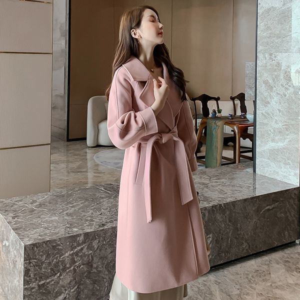 

new winter 2019 wool blends women office fashion coat long slim belt overcoat casual women's coats elegant jackets plus size top, Black